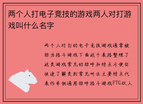 两个人打电子竞技的游戏两人对打游戏叫什么名字